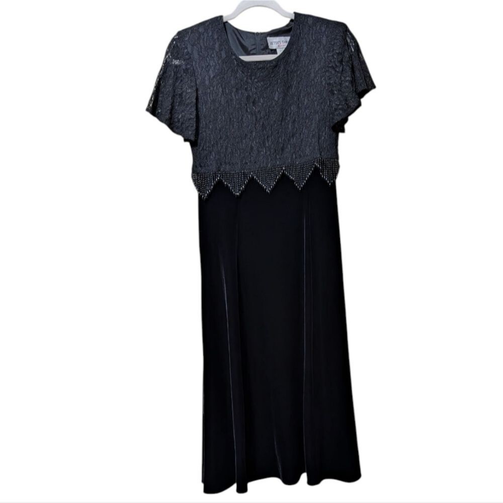 vintage Betsy's Things black velvet dress with lace overlay and beading size 6